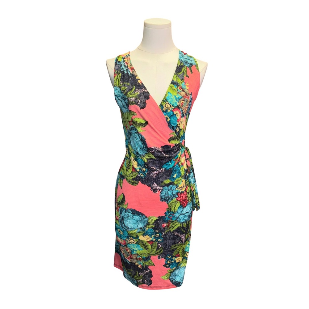 Purple Rain USA Watercolor Floral Sheer Mesh Faux Wrap Mini Dress Small